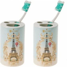 Resim 2 Adet Seramik Diş Fırçalık Romantik Yeşil Model 7x7x11cm Banyo Seti Çok Renkli 