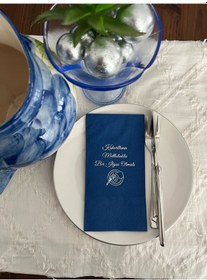 Resim Gümüş Yaldızlı Bodrum Mavisi Kahvaltının Mutlulukla Bir İlgisi Olmalı Peçete 16 Adet 