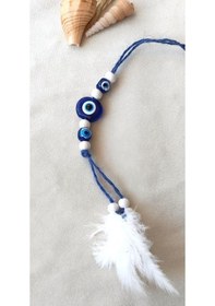 Resim Mavi Kuş Tüylü Nazar Boncuklu Araba Dikiz Ayna Süsü 