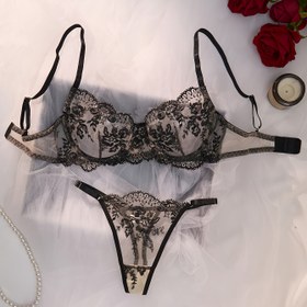 Resim Kadınlar İçin Saray Tarzı Nakışlı Lingerie Seti, Şeffaf Sütyen ve File Tanga, Nefes Alabilen Rahat İç Çamaşırı 