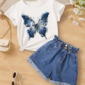 Resim Erkek Çocuklar için Rahat Kısa Kollu T-Shirt, Canlı Mavi Kelebek Baskısı - Yumuşak Esnek Yuvarlak Yaka Yazlık Üst, Nefes Alabilir ve Rahat, Günlük Oyunlar İçin Uygun, T-Shirtler, Erkek Çocuk Oyun Giyimleri, Rahat Uygun 