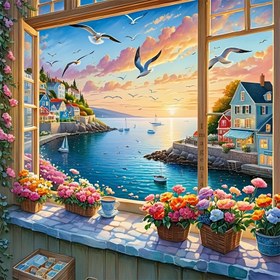Resim DIY 5D Pencere Görünümü Deniz Manzarası Elmas Boyama Kiti 7.87*7.87, Tam Yuvarlak Elmas, Tam Elmas Çapraz Dikiş Mozaik Sanat, Yetişkin Başlangıç, Boş Zaman Ev ve Ofis Duvar Dekorasyonu, Evrensel, Çeşitli Festival Hediyeleri 