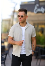 Resim Erkek Kısa Kollu Örme Kumaş Pamuklu Gömlek Antrasit 