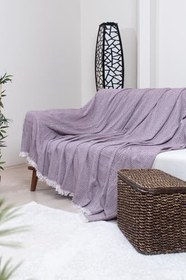 Resim Pamuklu Zikzak Desenli Püsküllü Koltuk Örtüsü, 170x210 cm, Geometrik Desen, Minimalist Stil, Yıkanabilir (Bordo) 