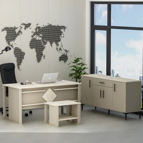 Resim Betroya Boss Ofis Takımı 3'lü Set - Masa Sehpa Konsol Kumtaşı - Traverten (Sandalye Dahil Değildir) 