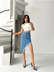Resim KENE JEANS KADIN ETEK PÜSKÜLLÜ ASİMETRİK KOT ETEK 