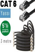 Resim IRENIS Siyah Cat6 Yassı Ethernet Network Lan Internet Kablosu -3 m 5 Adet 