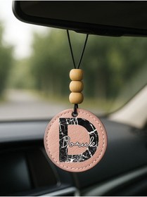 Resim Cekuonline Kişiye Özel İsim Yazılı 1.Sınıf Deri Ahşap Dekorlu Dikiz Aynası Süsü Pudra Pembe - D Harfi 