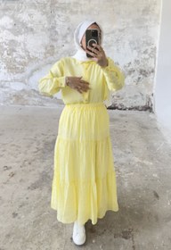 Resim Rahat Kesim Beli Lastikli Kat Kat Uzun Etek 5213 - Sarı - Sarı / L-XL 