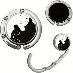 Resim Şık Katlanabilir Kedi Temalı Çanta Askısı - Dayanıklı Çinko Alaşım El Çantası Masa Kancası Romantik Siyah & Beyaz Kedi Tasarımı ile, Çantaları Temiz & Güvenli Tutmak İçin İdeal, Mini Çanta 
