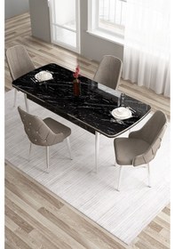 Resim Canisa Tia Serisi 80x132 Mdf Açılabilir Siyah Mermer Desen Krom Detay Masa Takımı Ve 4 Cappucino Sandalye Masa Siyah Mermer Desen Sandalye Cappucino 