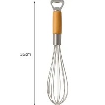 Resim Ahşap Saplı Paslanmaz Çelik Çırpıcı - 2’si 1 Arada Mutfak Aleti, Yumurta Çırpıcı ve Şişe Açacak, 35 cm Ergonomik Tasarım, Dayanıklı Tel Karıştırıcı 