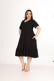 Resim mami butik Büyük beden v yaka kısa kol robalı etek büzgülü madi boy viskon penye şık rahat elbise 
