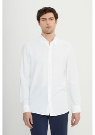 Resim AC&Co / Altınyıldız Classics Erkek Beyaz Slim Fit Dar Kesim Düğmeli Yaka Armürlü Gofre Desenli Gömlek Beyaz 