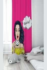 Resim Pelangi Pembe Şaşkın Kız Desenli Dijital Baskı Yıkanabilir Bebek Çocuk Odası Fon Perdesi, fuşya-sarı 140 x 240 
