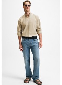 Resim Grimelange RISTO Erkek Düğmeli Yıkama Sonrası Ütü İhtiyacını En Aza İndiren Kumaş Gömlek Yaka Manşetli Bej Göml 