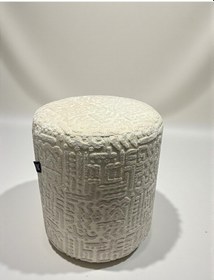 Resim Prime Dokulu Geometrik Desenli Silindir Puff Lüks Dekoratif Oturma Pufu Krem 