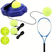 Resim 1 takım mavi tek bahar tenis antrenman ekipmanı, tüm beceri seviyeleri için uygun PVC tenis eğitim ekipmanı, içerir 2 top, 2 elastik ip, 2 sivilce topu 26 delikli, 1 raket ve 1 geri tepme tabanı 
