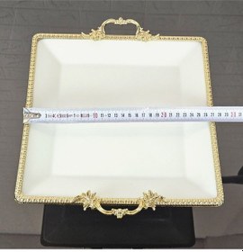 Resim Porselen Büyük Sade Kare Servis Tabağı-sunumluk Döküm Gold Çerçeve Ve Ayaklı 27cm Beyaz 