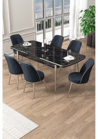 Resim Canisa Pale Serisi 80x132 Açılabilir Siyah Mermer Desen Mutfak Masa Takımı 6 Antrasit Sandalye Krom Detay Masa Siyah Mermer Sandalye Antrasit Krom Ayak 