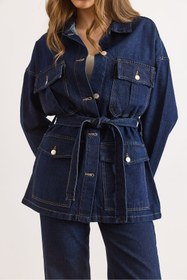 Resim Olalook Kadın Lacivert Kuşaklı 4 Cepli Denim Ceket CKT-19000503 