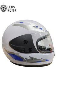 Resim LEOS MOTOR -FULL FACE KASK-İTHAL-BEYAZ MAVİ DESENLİ-DERİ BOYUNLUKLU- 