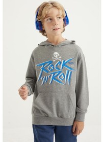 Resim Tommylife Tommy Life Gri Melanj Yazı Baskılı Kanguru Cepli Kapüşonlu Standart Kalıp Erkek Çocuk Sweatshirt - 11002 Gri Melanj 