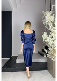 Resim Ges Moda G0910 Drape Detaylı Saten Abiye Elbise Lacivert-lacivert Lacivert 