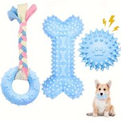 Resim 3'lü Paket Yavru Köpek Diş Kaşıyıcı Oyuncaklar, Küçük Boy Itler İçin Hafif Lastik Temizleyici Ağız Bakımı Çimdikleme Topu ve Kayışlı Etkileşimli Evcil Hayvan Seti 