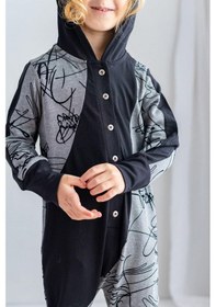 Resim Oliven The Kid Oliventhekid Siyah Gri Ince Triko Geometrik Desenli Kapişonlu Önden Düğmeli Kışlık Unisex Çocuk Tulum Bej Bej 
