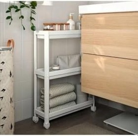 Resim Tekerlekli Dikdörtgen 3 Katlı Raf Ünitesi - Banyo Mutfak Düzenleyici Organizer Beyaz 