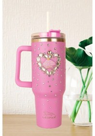 Resim Pipetli 1,2 Litre Kulplu Çelik Termos Renkli Üzeri Taş İşlemeli - Pembe Pembe 