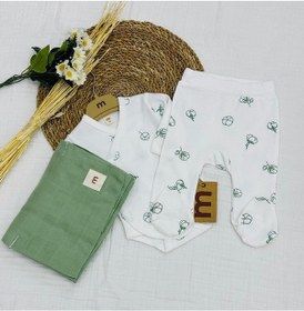 Resim Minisse Baskılı Çıtçıtlı Badi, Alt Ve Müslin Battaniyeli Yenidoğan Bebek 3lü Set Pamuk Koza 