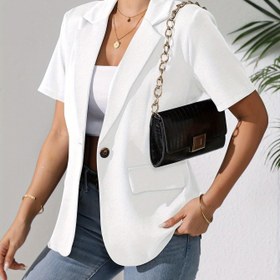Resim Kadınların Şık Beyaz Kısa Kollu Blazerı Altın Düğme Detayı ile - Bahar/Yaz için Rahat Şık Polyester Ceket, Rahat Giyim veya Ofis Giyim için Mükemmel, Rahat Yaz Giyim | Şık Rahat Stil | Polyester Blazer 
