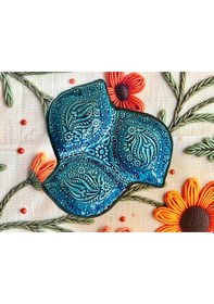 Resim El Yapımı Çini Seramik Kabartma Desenli Yaprak Model Firuze / Mavi Çerezlik - Kahvaltılık Mavi 