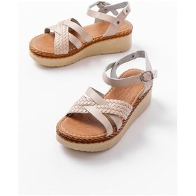 Resim 730-138 Bej Örgü Hakiki Deri Ortopedik Taban Kadın Sandalet Bej 
