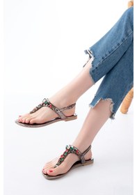 Resim 152-1110 Platin Multi Taşlı Parmak Arası Kadın Sandalet Altın - Taba 