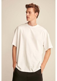 Resim Grimelange Jett Erkek Oversize Fit %100 Organik Pamuk Kalın Dokulu Bisiklet Yakalı Beyaz T-shirt Beyaz 
