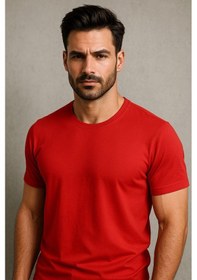 Resim Erkek %100 Pamuk Slim Fit Sporcu Tişört Basic Bisiklet Yaka Kısa Kollu T-shirt Kirmizi 