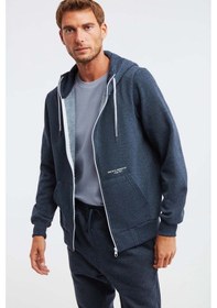 Resim Grimelange Momentum Erkek Fermuarlı Yuksek Yaka Kapüşonlu Nakışlı Kordonlu Içi Polarlı Lacivert Sweatshirt 