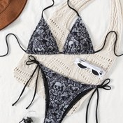 Resim Kadınların Seksi Dantelli Bikini Mayo Takımı - V-Yaka, Yüksek Esneklikli Kumaş, Cadılar Bayramı Temalı Çiçek ve Kafatası Desenleri, Kolsuz Tasarım Plaj veya Havuz İçin 