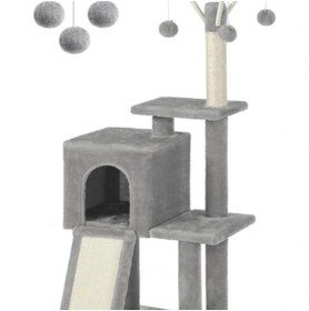 Resim AyrStore PCT143W01 kedi ağacı, tırmalama tahtalı, 3 çıkarılabilir ponpon çubuğu, 118 cm, açık gri 