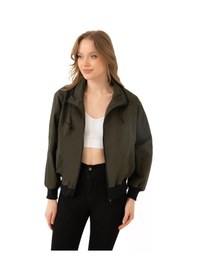 Resim Spor Kadın Dik Yaka Su Ve Rüzgar Geçirmez Oversize Crop Mevsimlik Yağmurluk Rüzgarlık-133 Haki 