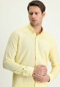 Resim Açık Sarı Uzun Kol Slim Fit Dar Kesim Keten Görünümlü Pamuk Spor Düğmeli Yaka Gömlek Kigili