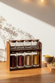 Resim Mira Mix - 8'li Ahşap Standlı Vakumlu Ahşap Kapaklı Cam Baharatlık Takımı Saklama Kabı Seti Ahşap 