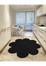 Resim Balat Halı Dekoratif Siyah Kaymaz Taban Peluş Papatya Halı Siyah 
