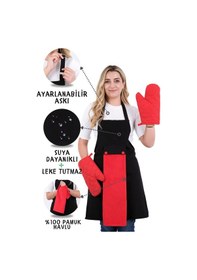 Resim Star Ayar Askılı Havlulu 4lü Mutfak Önlüğü Seti 2 Eldiven Siyah-kırmızı-siyah 