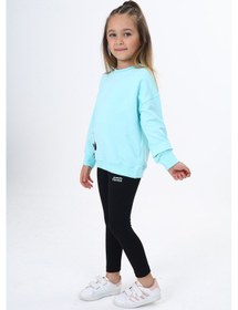 Resim Toontoy Kids Toontoy Kız Çocuk 2'li Takım Baskılı Bisiklet Yaka Düşük Omuz Sweatshirt & Basic Düz Tayt Su Yeşili 