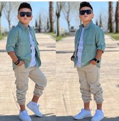 Resim Modavals Cep Ve Kol Detaylı Düğmeli Ceket Baskılı Tişört Ve Kargo Pantolon 3 Parça Erkek Çocuk Takım-589274601 Yeşil 