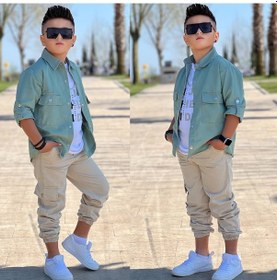 Resim Modavals Cep Ve Kol Detaylı Düğmeli Ceket Baskılı Tişört Ve Kargo Pantolon 3 Parça Erkek Çocuk Takım-589274601 Yeşil 